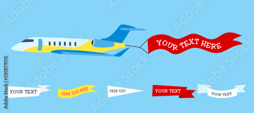 Aircrafts in sky with banners for text cartoon illustration set