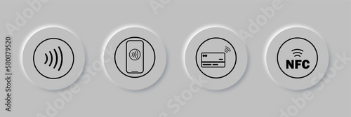 NFC set of icons type of contactless payment with various devices set of icons of contactless payment in the style of neomorphism eps10