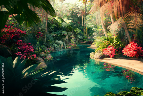 A luxury tropical resort pool in spring time. Concept illustration