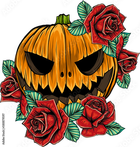 Pumpkin with Roses Distressed Halloween Grunge Graphic Style.