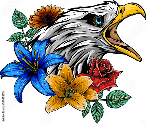 Embroidery head white eagle and flower.