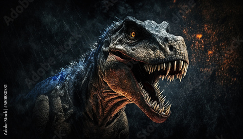 Close up on a The head of dinosaur in the dark background. High quality photo