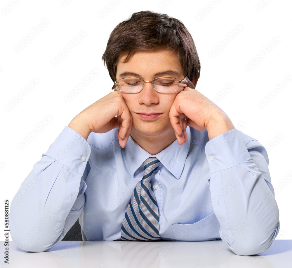 Businessman with Glasses Sleeping and Resting Head On Hands - Isolated Businessman with Glasses Sleeping and Resting Head On Hands - Isolated