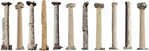 Foto set of antique columns, collection of damaged pillars isolated on white backgrou