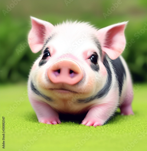 Cute potbelly piglet standing in grass, Generative Ai,

 photo