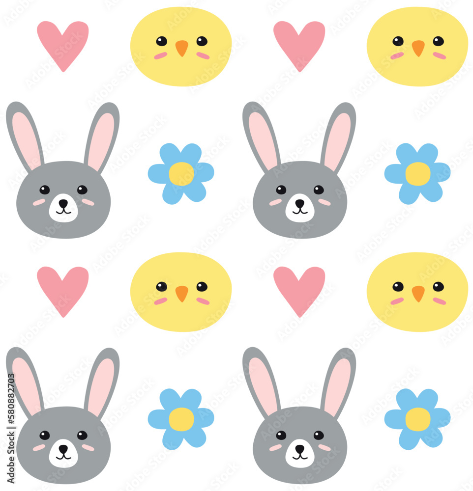 Vector seamless pattern of flat hand drawn Easter chick and bunny isolated on white background Vector seamless pattern of flat hand drawn Easter chick and bunny isolated on white background