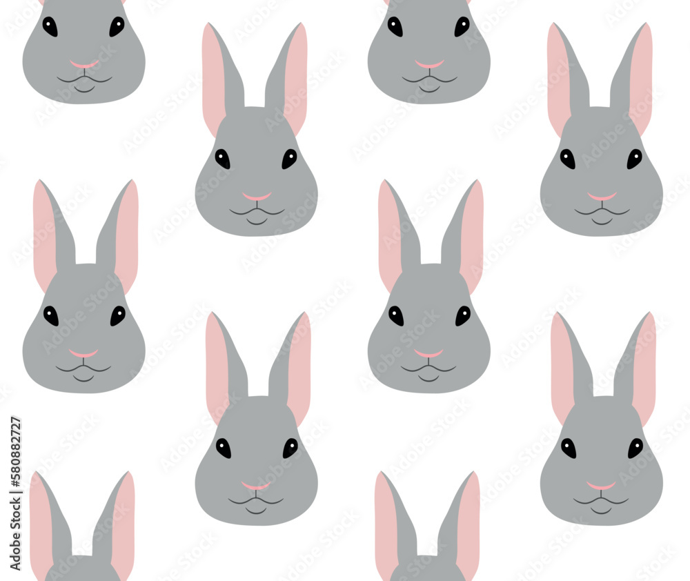 Vector seamless pattern of flat hand drawn rabbit bunny face isolated on white background