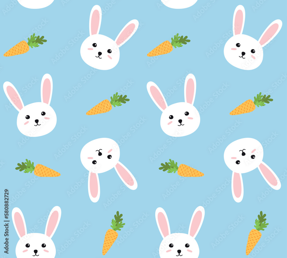 Vector seamless pattern of flat hand drawn Easter rabbit bunny isolated on blue background