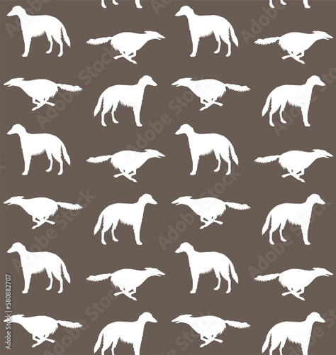 Vector seamless pattern of hand drawn Russian borzoi dog silhouette isolated on brown background