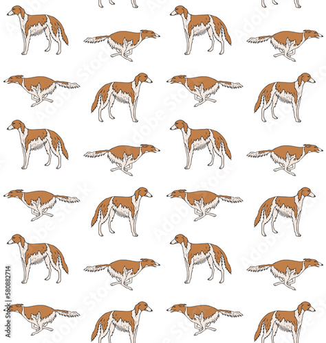 Vector seamless pattern of hand drawn sketch doodle colored Russian borzoi dog isolated on white background