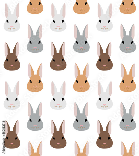 Vector seamless pattern of different color flat hand drawn rabbit bunny face isolated on white background