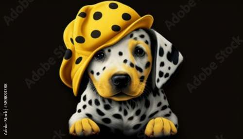 Adorable Puppy Wearing Yellow Hat with Black Polka Dots (Created with Generative AI)