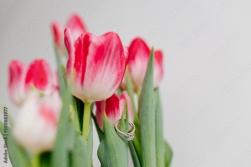 Fototapeta premium Pink tulips and engagement rings with diamonds on white background. Background for Valentine's Day. Gift for Mother's Day, international Women's Day, March 8th. Spring Mock ups. Space for text
