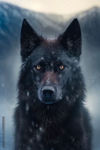 Portrait of a black wolf under snowfall in winter. Generative AI.