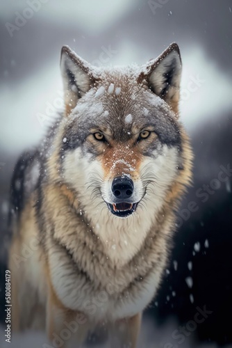 Growling gray wolf under snowfall in winter. Generative AI. © Hanna