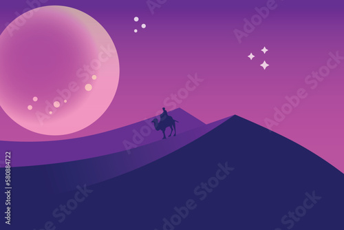 illustration of a landscape in the desert at night  with such a beautiful moon  and a running camel