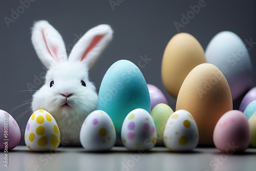 Cute Easter Bunny Hiding in the Middle of Easter Eggs, generative ai