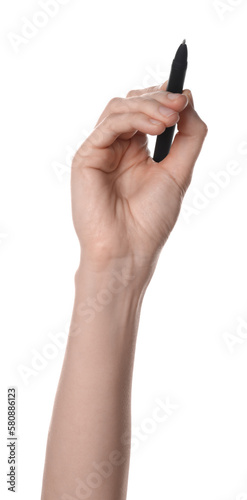 Woman holding pen on white background  closeup of hand