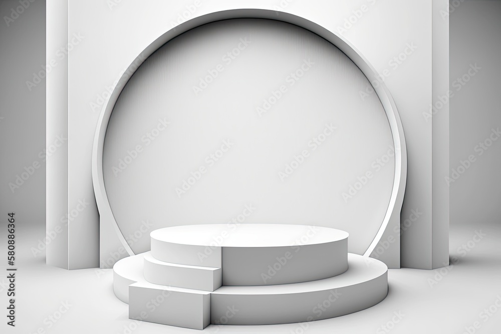 Presentation with a round podium in the top view and a white wall background. Generative AI Presentation with a round podium in the top view and a white wall background. Generative AI