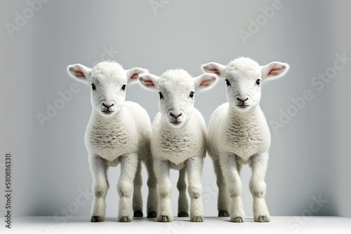 Cute little lambs over white background. 3D render style. Generative AI illustration