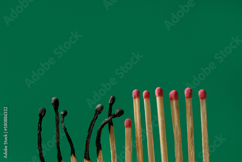 Burnt and whole matches on green background  space for text. Stop destruction concept