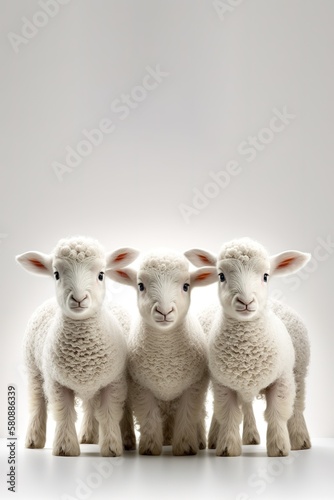 Adorable little white lambs over white vertical background with copy space for text. Generative AI vertical illustration