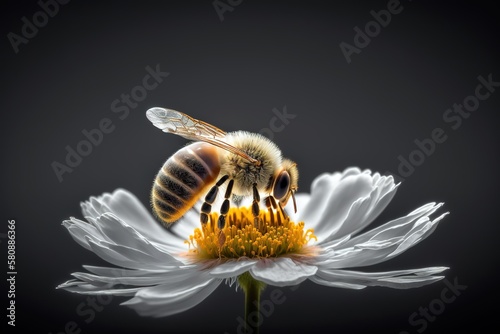 Macro shot of bee posing over a daisy flower. Dark background. Generative AI illustration
