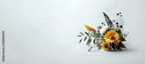 Close up shot of rustic minimal bouquet of flowers. White background with copy space. Generative AI illustration