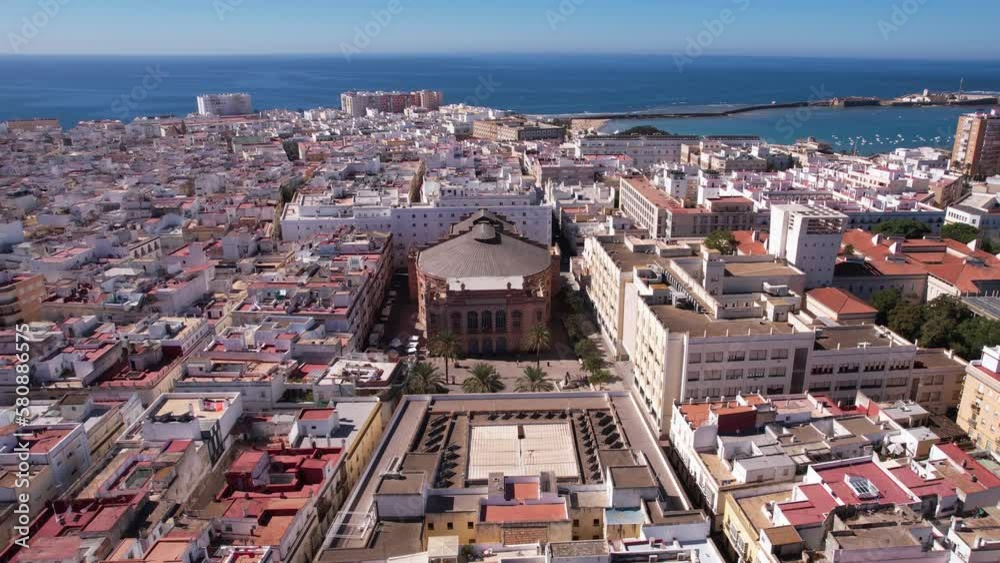 Gran Teatro Falla, Cádiz Spain. Aerial View of Theatre Building and Cityscape by Atlantic Ocean