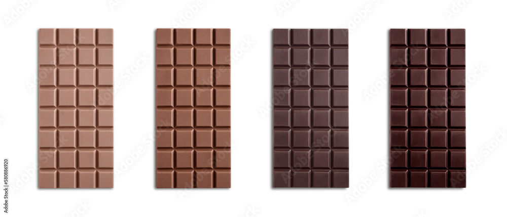 Collage with tasty different chocolate bars on white background, top view