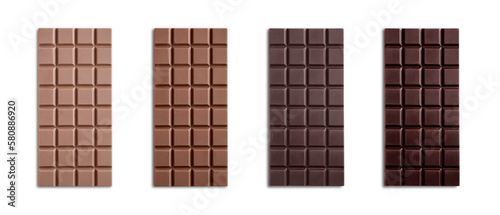 Collage with tasty different chocolate bars on white background, top view