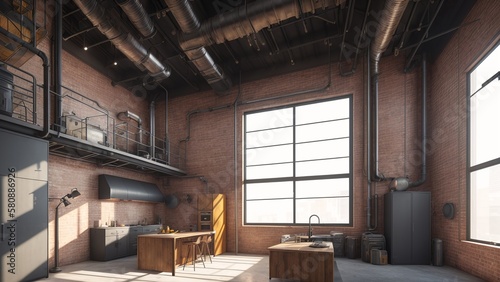 Industrial apartment interior with brick walls  metal pipes AI Generative