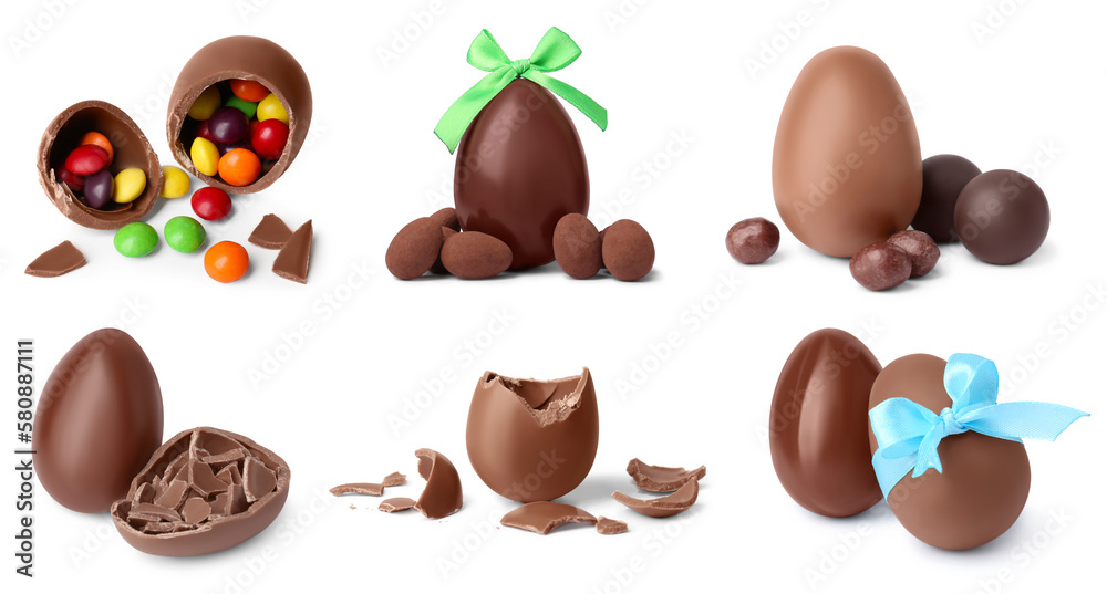 Fototapeta premium Tasty chocolate eggs on white background, collage