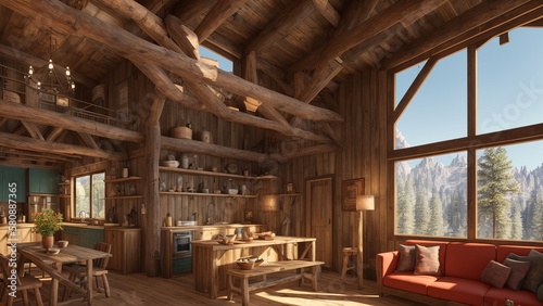 Rustic home design. wooden furniture, large windows cozy interior AI Generative