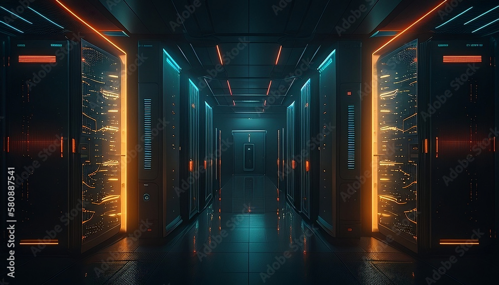 Data Center with Lights. Creative Illustration, simple, beautiful, subtle, technology, cloud computing infrastructure. 