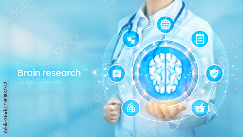 Brain research. Neurology. Doctor holding in hand the hologram of human brain and medical icons network connection on virtual screen. Innovative technology in science and medicine. Vector illustration