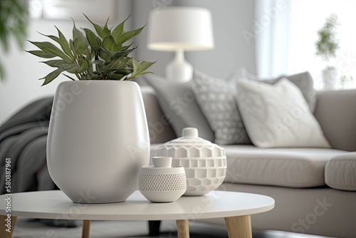 Close up photo of white vessels standing on white end table in bright living room interior with sofa and plants in blurred background. Generative AI