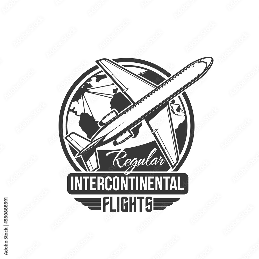 Intercontinental flights icon. Airline flight company vintage emblem, world air travel retro symbol or aviation transportation service monochrome vector icon or sign with passenger airplane, globe map