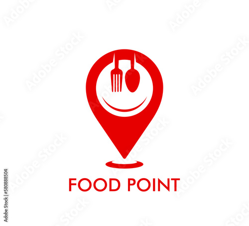 Restaurant icon, map pointer or location pin with fork, spoon and plate smile, vector symbol. Food point icon for fast food cafe, meal bar or food delivery app sign with red location pin on map