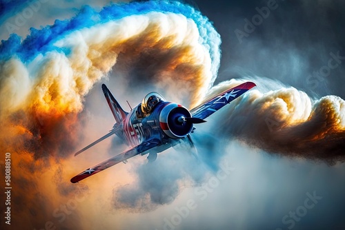Print op canvas Aerobatic dogfighting between fighter planes in the clear blue sky Generative AI