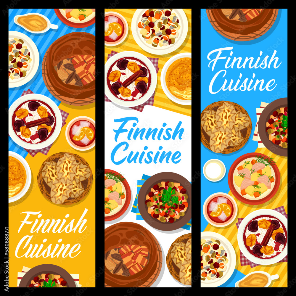 Finnish cuisine restaurant meals banners. Salmon fish soup Lohikeitto, pudding with fruit soup and beet salad with herring, Lanttulaatikko, pie Kalakukko and Karelian rice pies, beet salad Rosolli Finnish cuisine restaurant meals banners. Salmon fish soup Lohikeitto, pudding with fruit soup and beet salad with herring, Lanttulaatikko, pie Kalakukko and Karelian rice pies, beet salad Rosolli