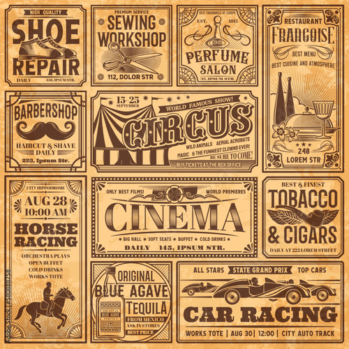 Vintage newspaper banners, old advertising on retro paper, vector background. Vintage newspaper page with news and ad posters of circus, cinema, tobacco shop and barbershop or shoe repair workshop