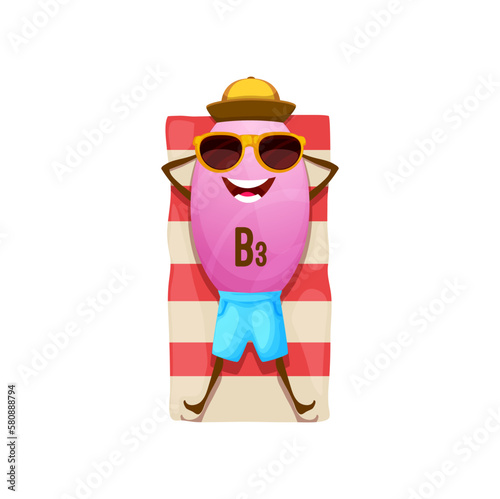 Cartoon vitamin B3 sunbathing on beach. Isolated vector character nicotinic acid capsule in cap relaxing on mat. Smiling personage wearing sunglasses happily resting at tropical resort on holidays