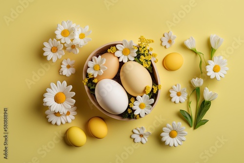 arrangement of spring flowers and white eggs. Easter simple gift with copy space on a yellow background. Conceptual design for a happy Easter  spring or summer meal. Generative AI