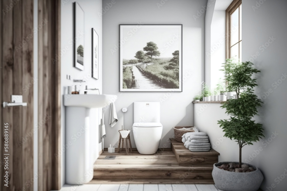 White simple toilet design with a empty photo frame, with window, white modern minimalistic mood White simple toilet design with a empty photo frame, with window, white modern minimalistic mood