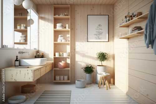 Simple wooden and white style bathroom, with peaceful comfortable mood with sunlight