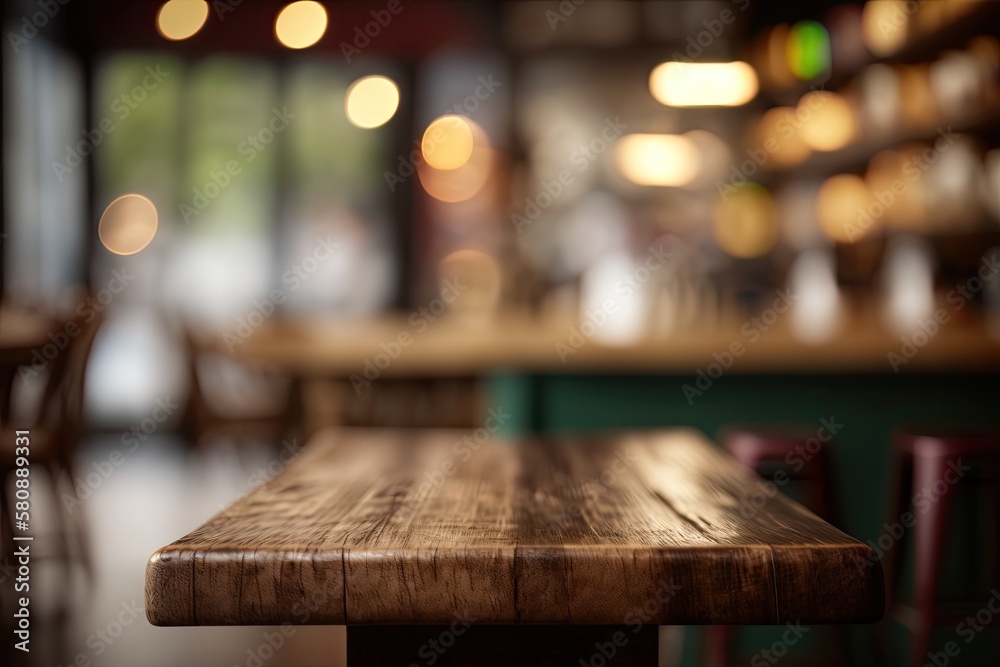 Unoccupied wooden table for displaying a product in a coffee shop or soft drink bar with a bokeh image blurry background. Generative AI