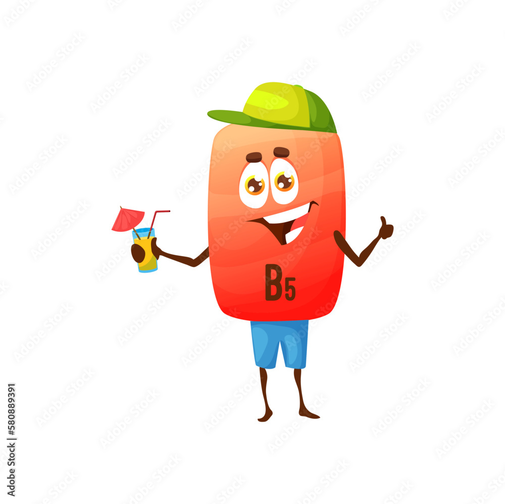 Cartoon vitamin B5 character with ice cream. Isolated food supplement vector personage in cap and shorts showing thumb up. Red pantothenic acid capsule resting on beach on summer vacation