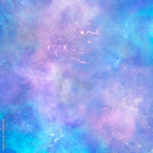 Light blue galaxy nebula background. Bright cosmos and shining stars. Modern art