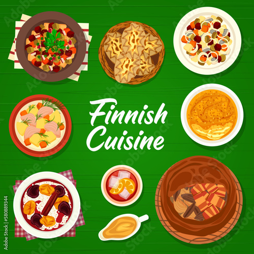 Finnish cuisine restaurant meals menu cover page. Karelian rice pies, beet salad with herring and pudding with fruit soup, salad Rosolli, fish pie Kalakukko and Lanttulaatikko, salmon soup Lohikeitto